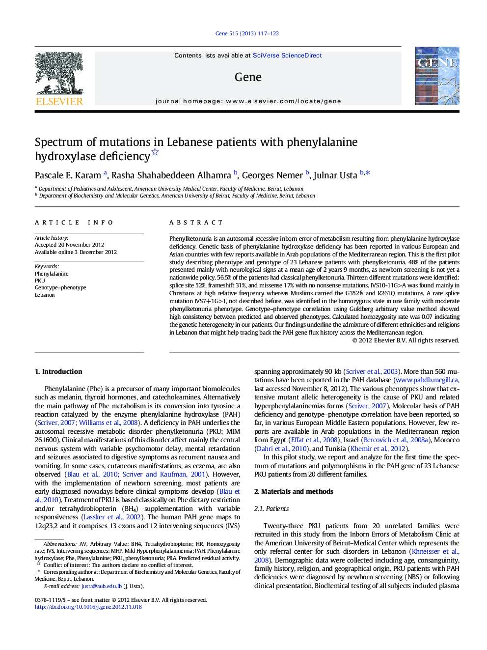 Spectrum of mutations in Lebanese patients with phenylalanine hydroxylase deficiency 