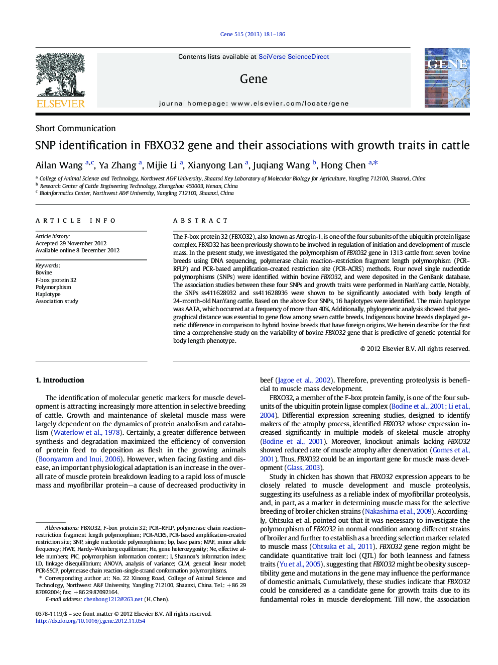 SNP identification in FBXO32 gene and their associations with growth traits in cattle