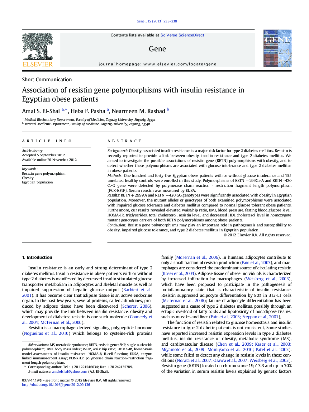 Association of resistin gene polymorphisms with insulin resistance in Egyptian obese patients