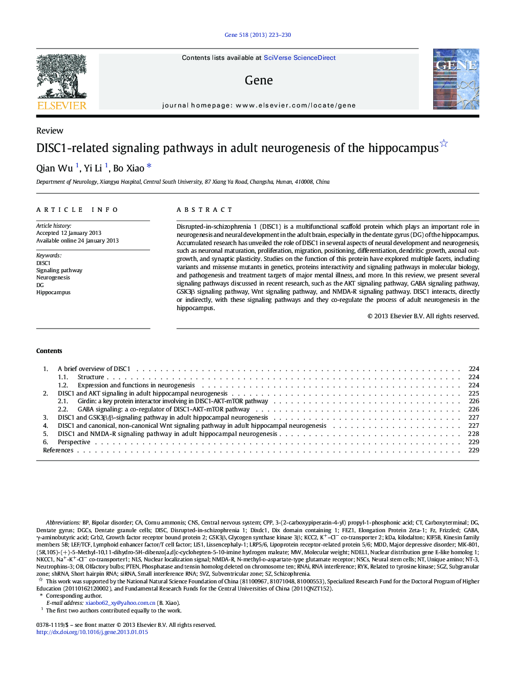 DISC1-related signaling pathways in adult neurogenesis of the hippocampus 