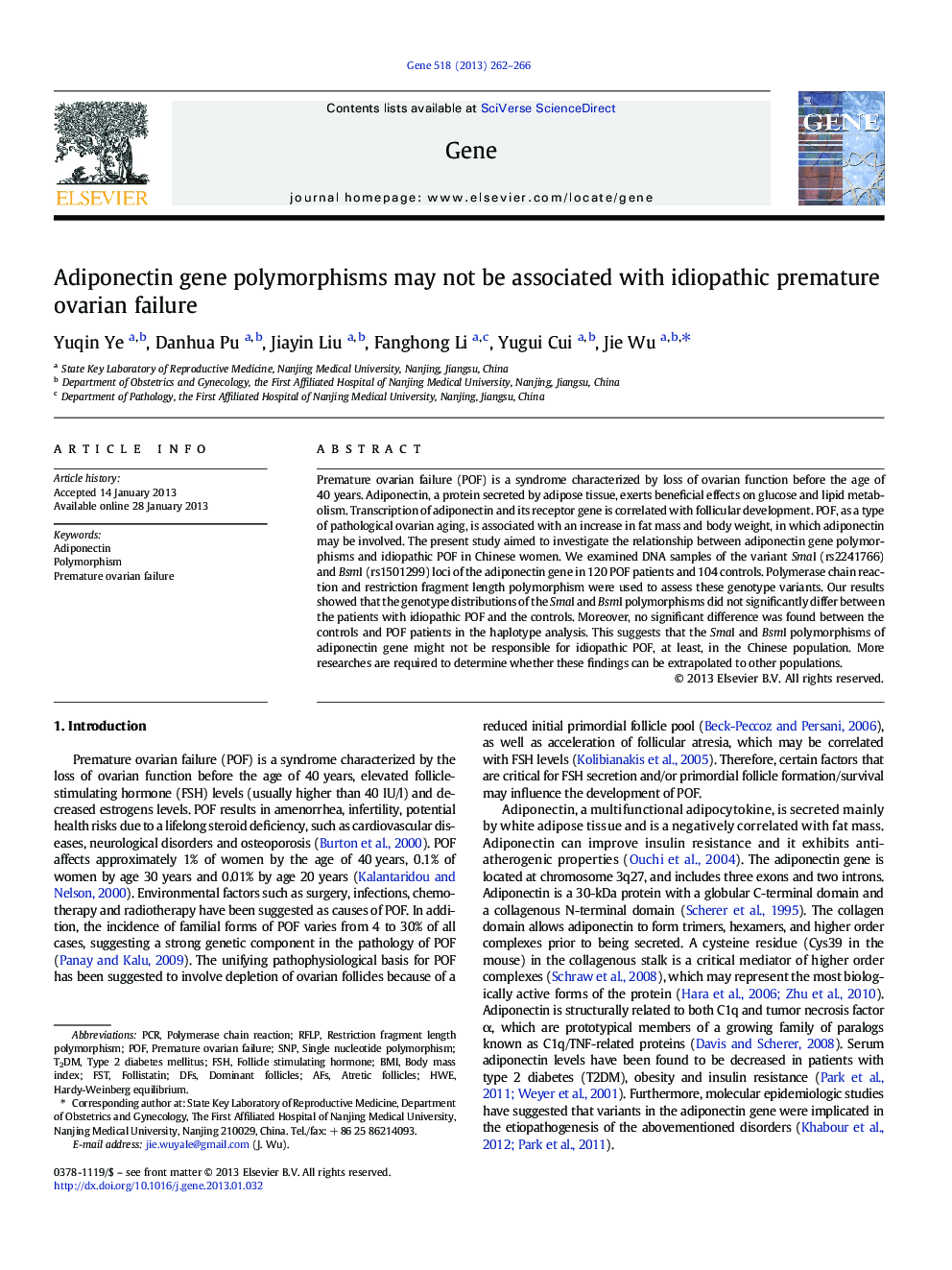 Adiponectin gene polymorphisms may not be associated with idiopathic premature ovarian failure