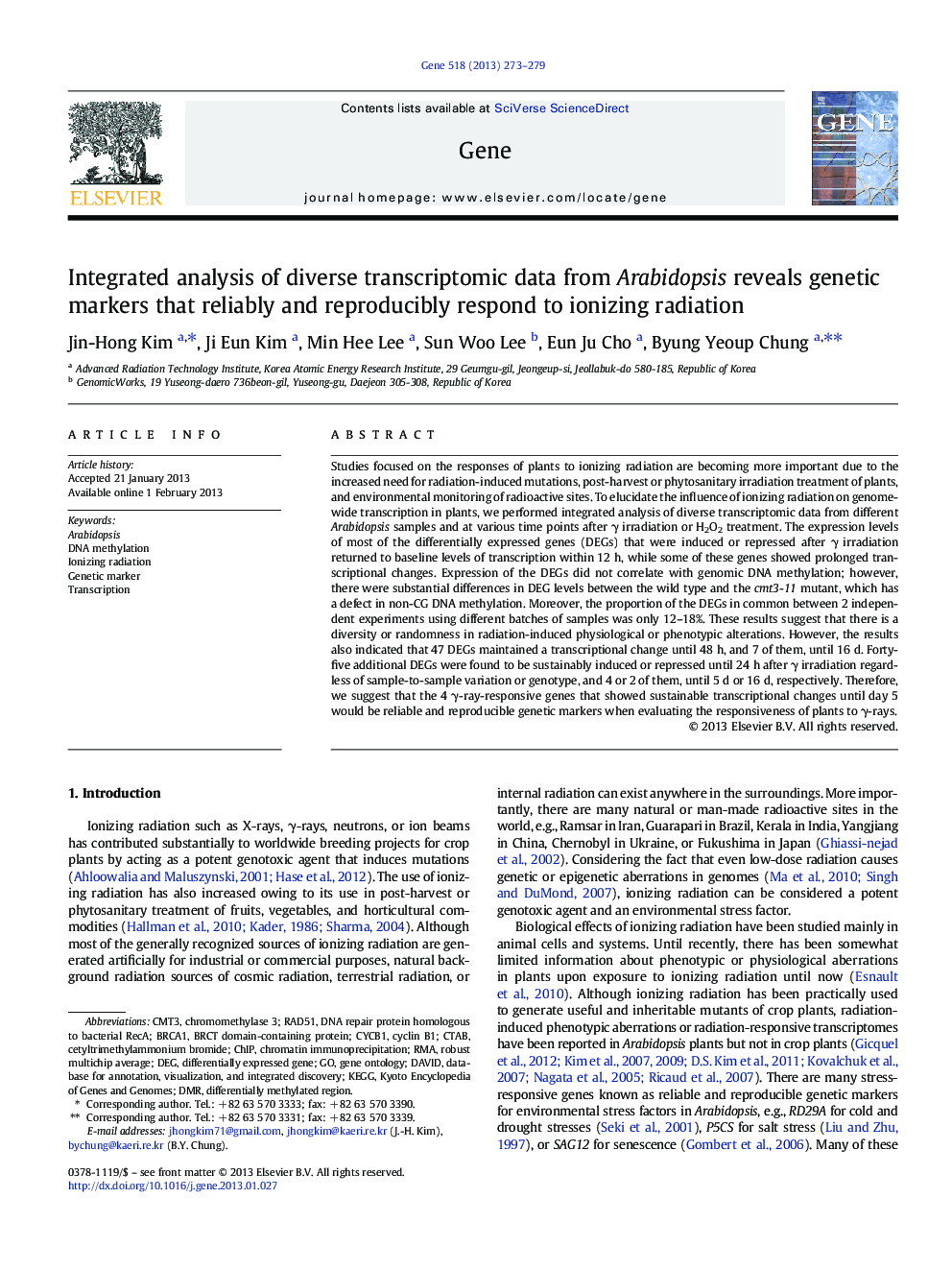 Integrated analysis of diverse transcriptomic data from Arabidopsis reveals genetic markers that reliably and reproducibly respond to ionizing radiation