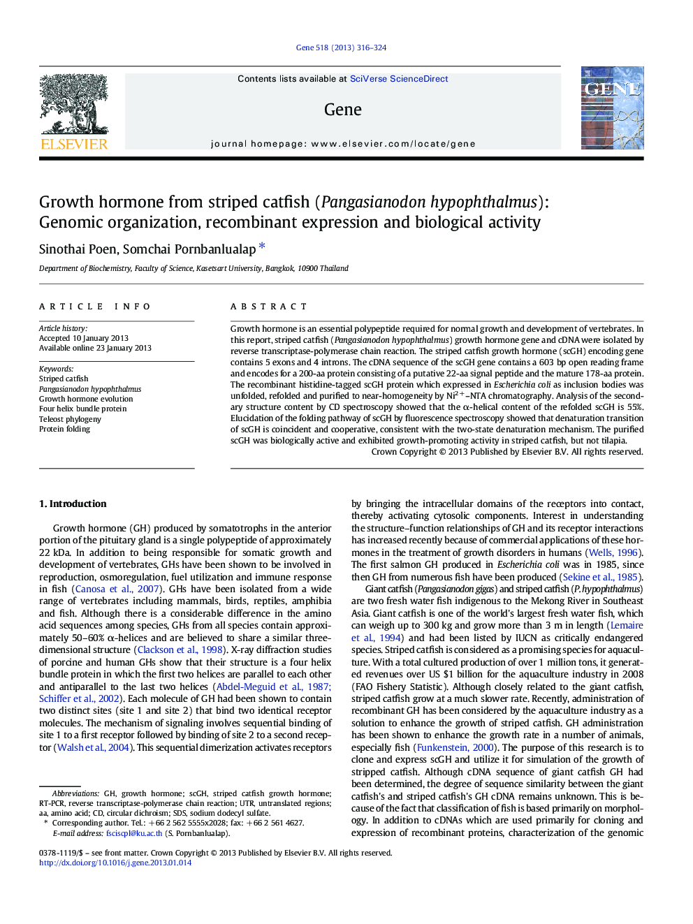 Growth hormone from striped catfish (Pangasianodon hypophthalmus): Genomic organization, recombinant expression and biological activity