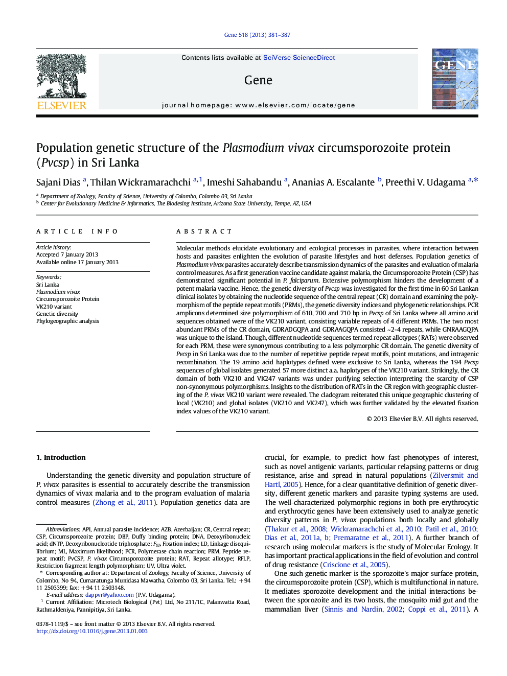 Population genetic structure of the Plasmodium vivax circumsporozoite protein (Pvcsp) in Sri Lanka