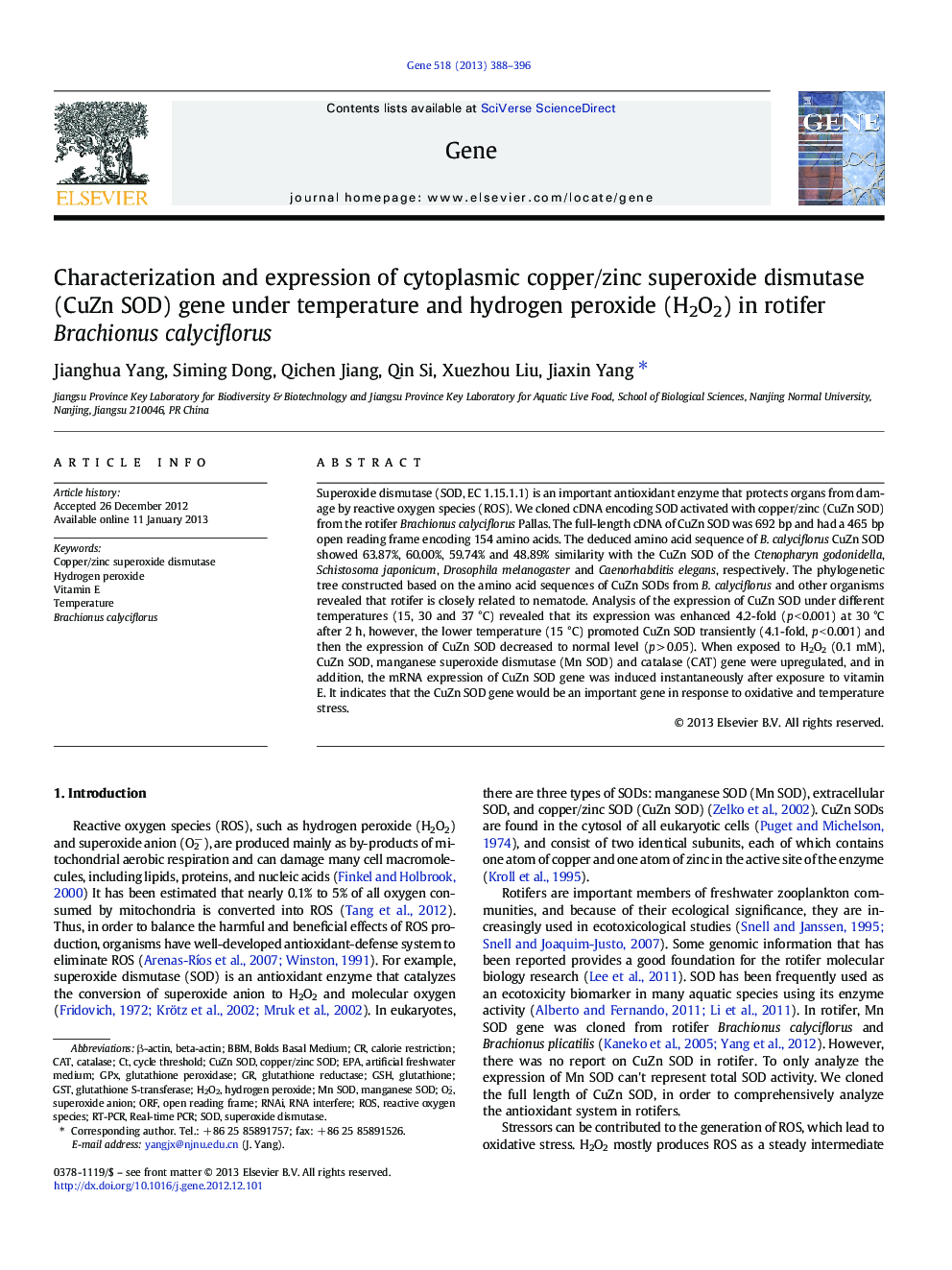 Characterization and expression of cytoplasmic copper/zinc superoxide dismutase (CuZn SOD) gene under temperature and hydrogen peroxide (H2O2) in rotifer Brachionus calyciflorus