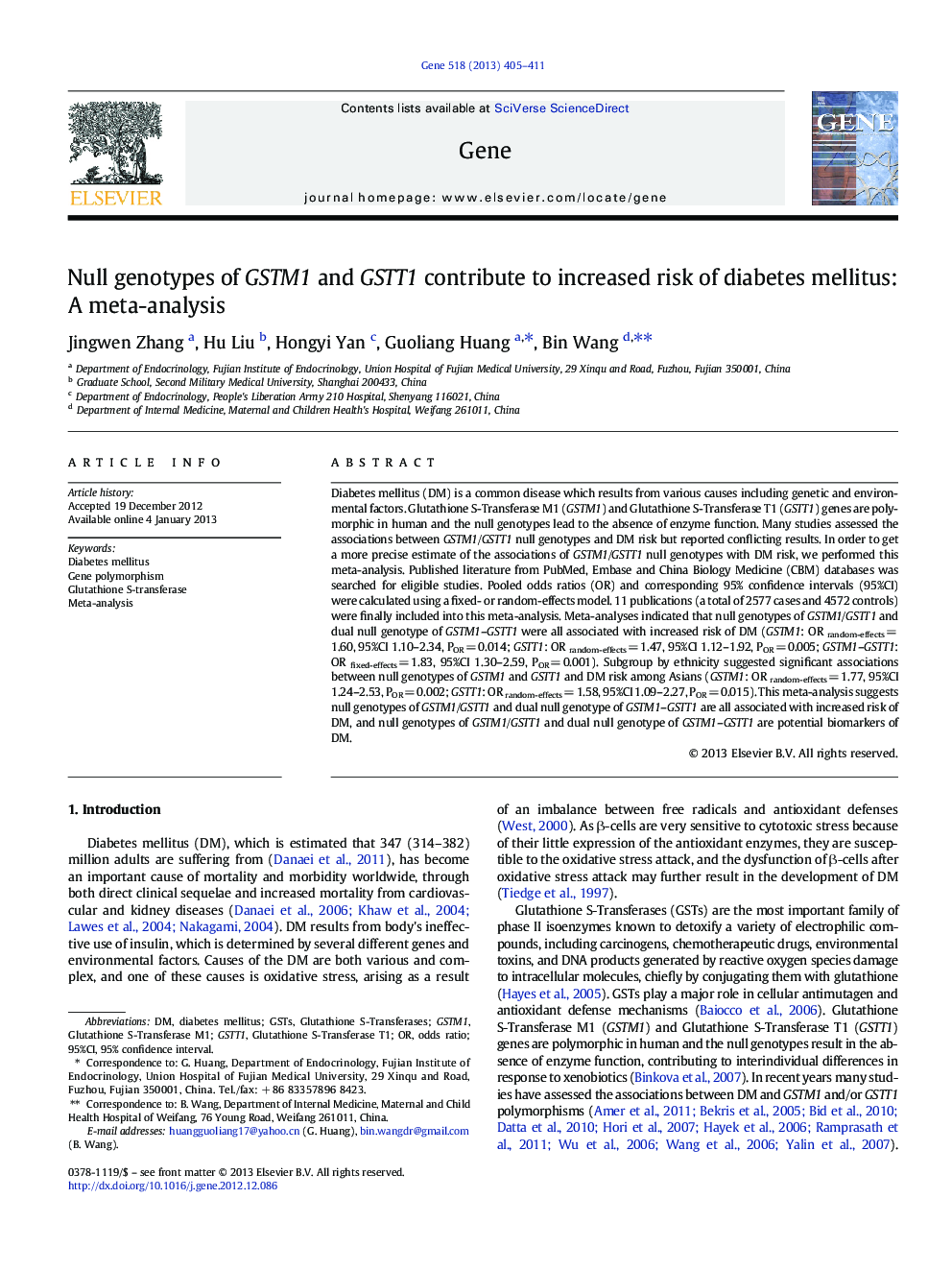 Null genotypes of GSTM1 and GSTT1 contribute to increased risk of diabetes mellitus: A meta-analysis