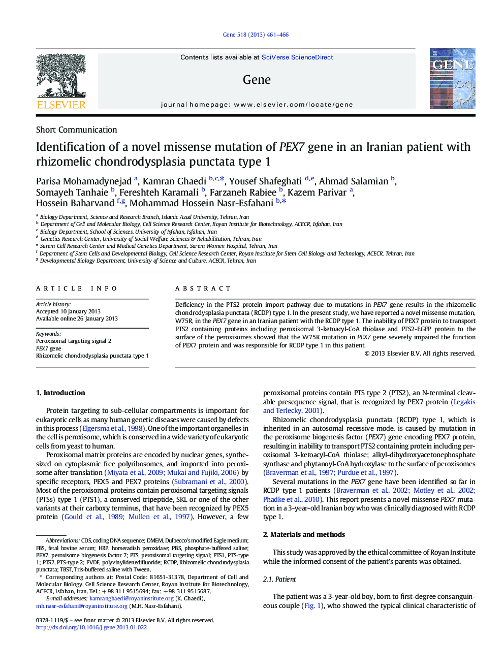 Identification of a novel missense mutation of PEX7 gene in an Iranian patient with rhizomelic chondrodysplasia punctata type 1