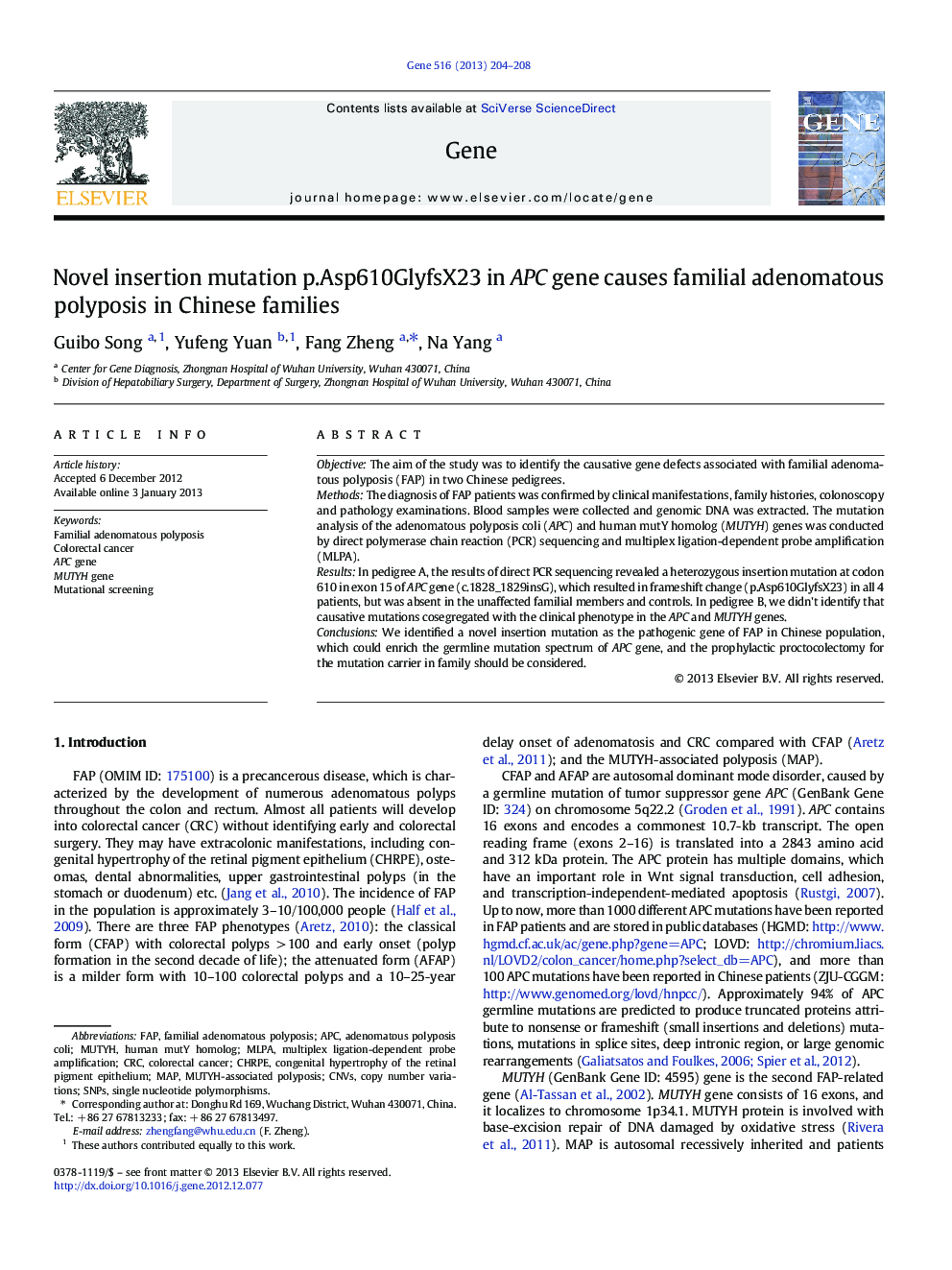 Novel insertion mutation p.Asp610GlyfsX23 in APC gene causes familial adenomatous polyposis in Chinese families