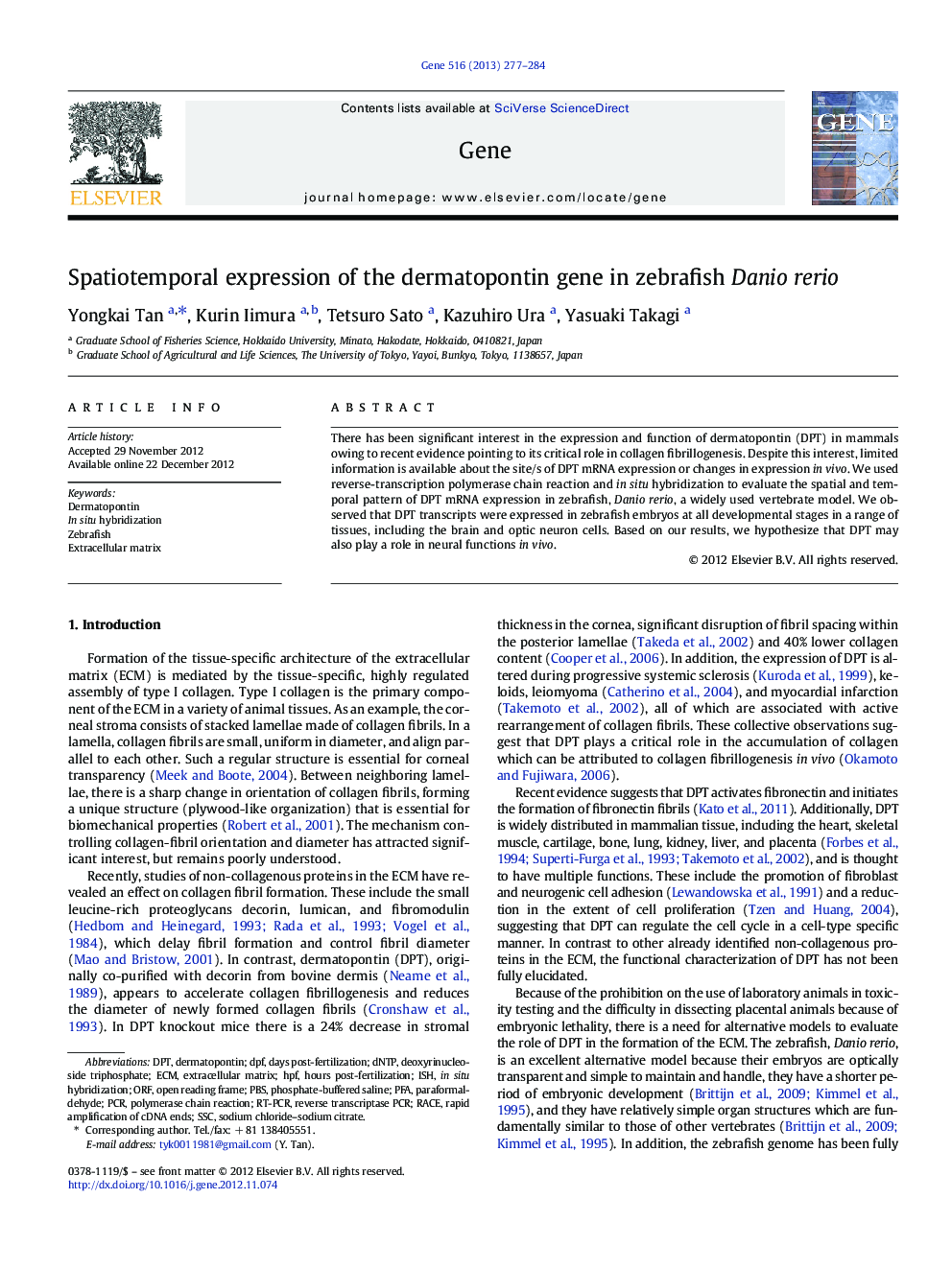 Spatiotemporal expression of the dermatopontin gene in zebrafish Danio rerio