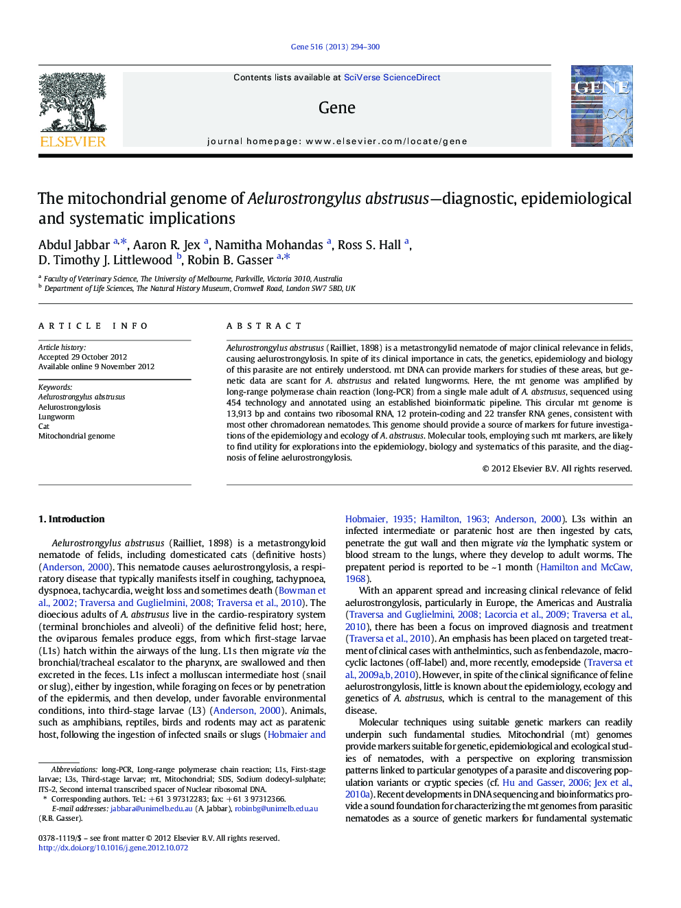 The mitochondrial genome of Aelurostrongylus abstrusus—diagnostic, epidemiological and systematic implications