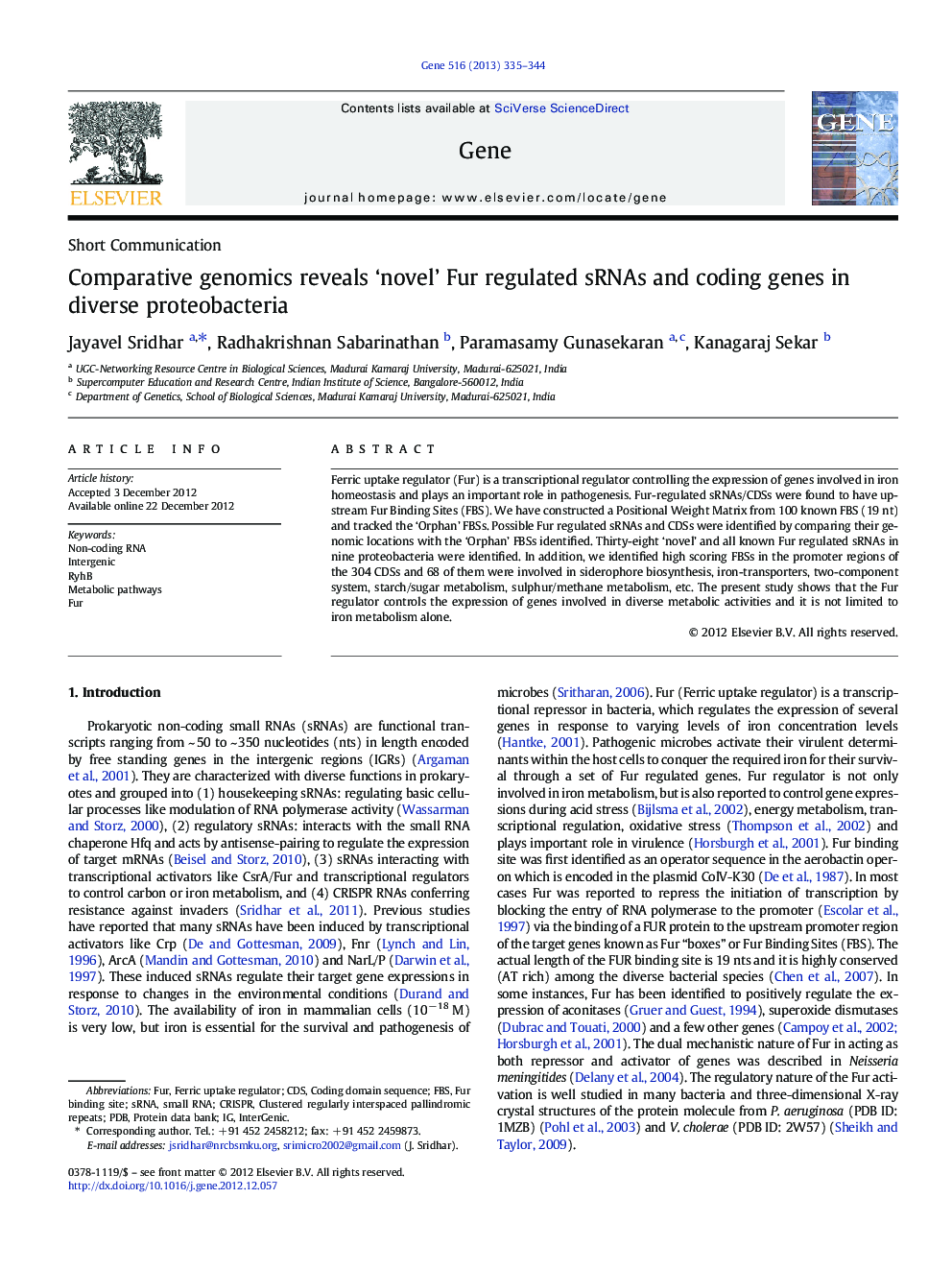 Comparative genomics reveals ‘novel’ Fur regulated sRNAs and coding genes in diverse proteobacteria