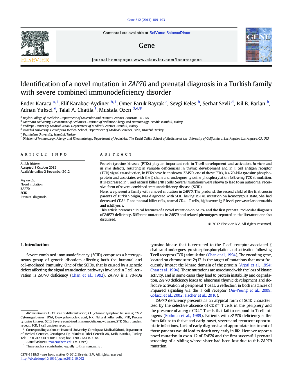 Identification of a novel mutation in ZAP70 and prenatal diagnosis in a Turkish family with severe combined immunodeficiency disorder