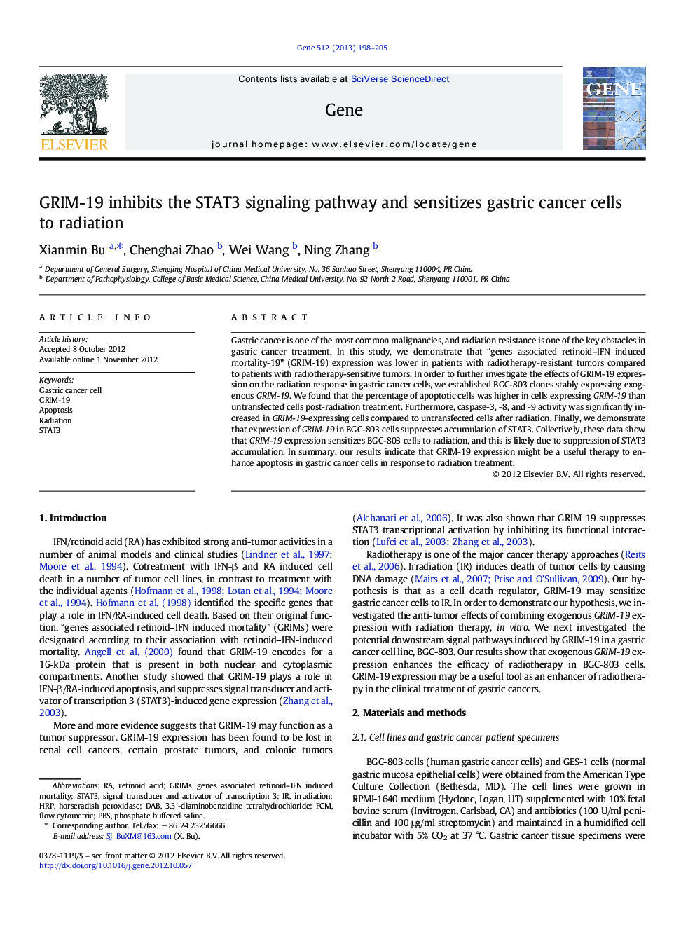 GRIM-19 inhibits the STAT3 signaling pathway and sensitizes gastric cancer cells to radiation