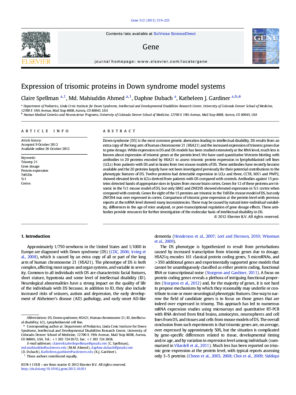 Expression of trisomic proteins in Down syndrome model systems