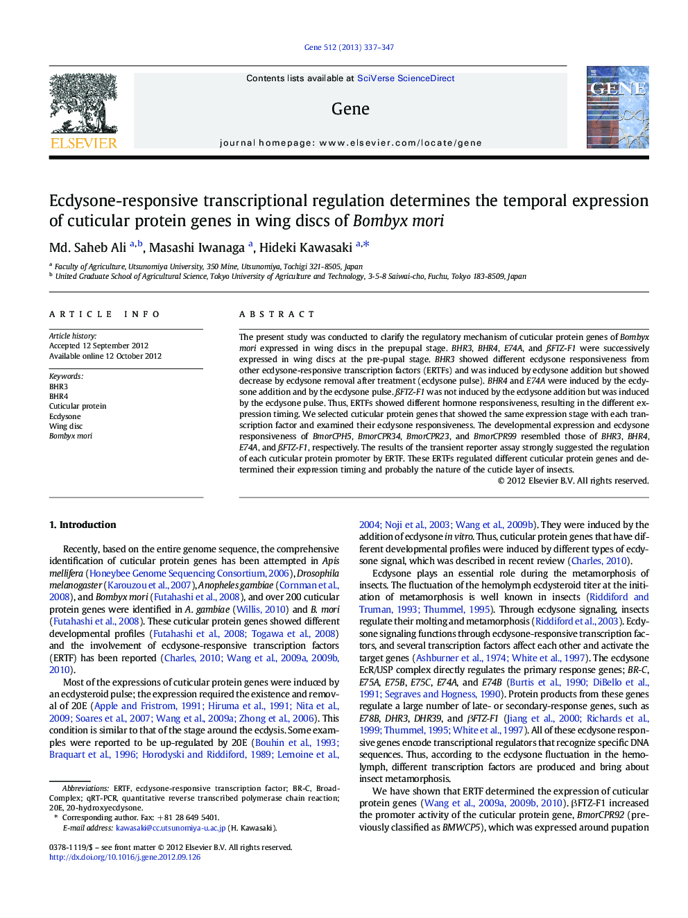 Ecdysone-responsive transcriptional regulation determines the temporal expression of cuticular protein genes in wing discs of Bombyx mori