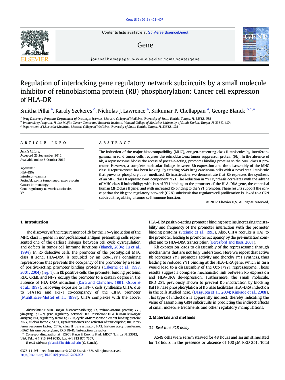 Regulation of interlocking gene regulatory network subcircuits by a small molecule inhibitor of retinoblastoma protein (RB) phosphorylation: Cancer cell expression of HLA-DR