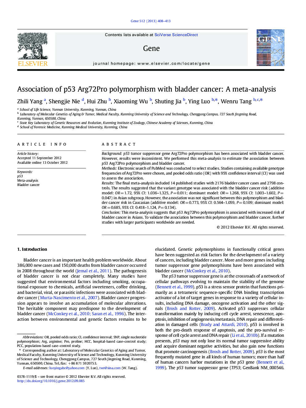 Association of p53 Arg72Pro polymorphism with bladder cancer: A meta-analysis