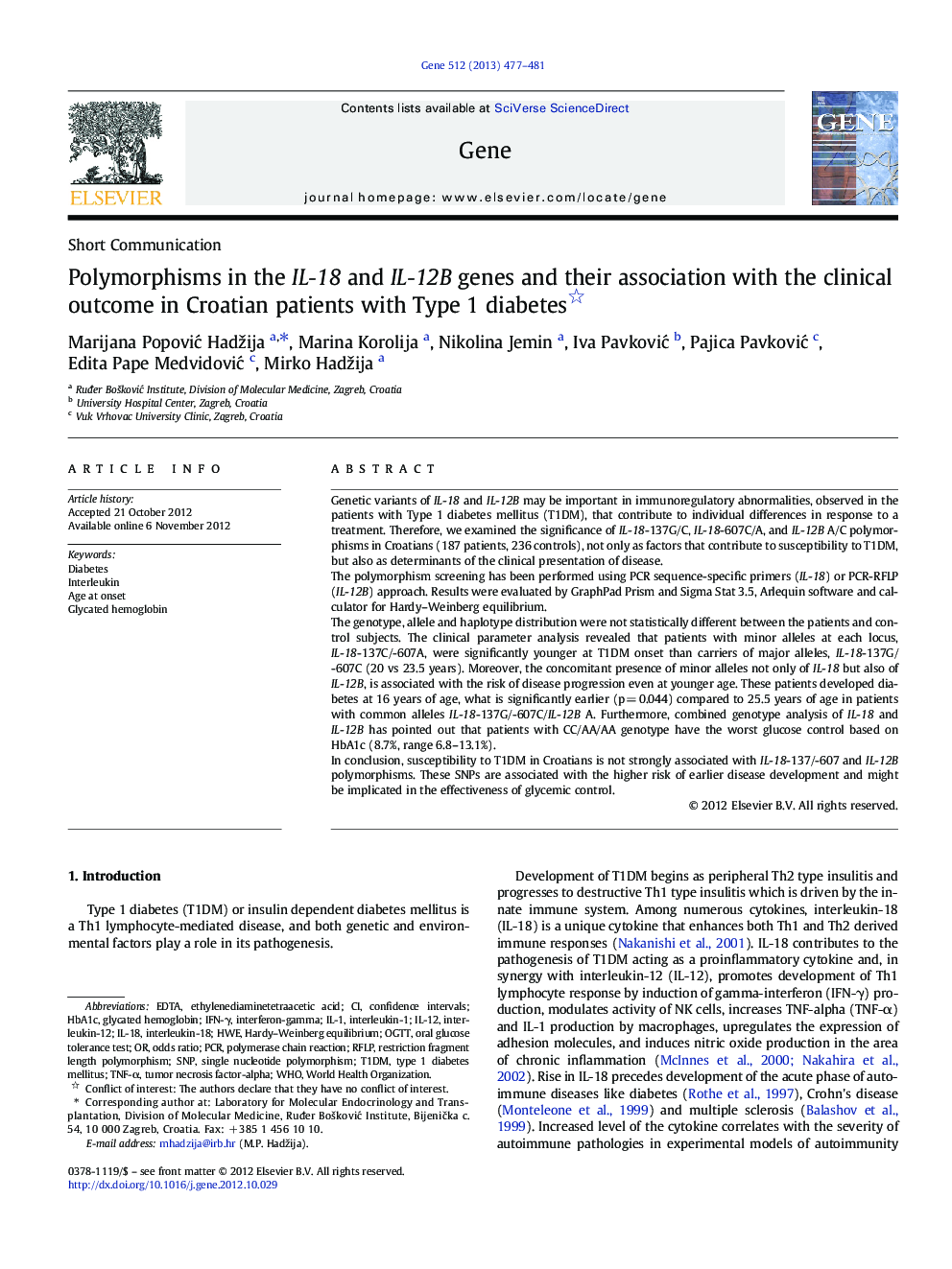 Polymorphisms in the IL-18 and IL-12B genes and their association with the clinical outcome in Croatian patients with Type 1 diabetes 