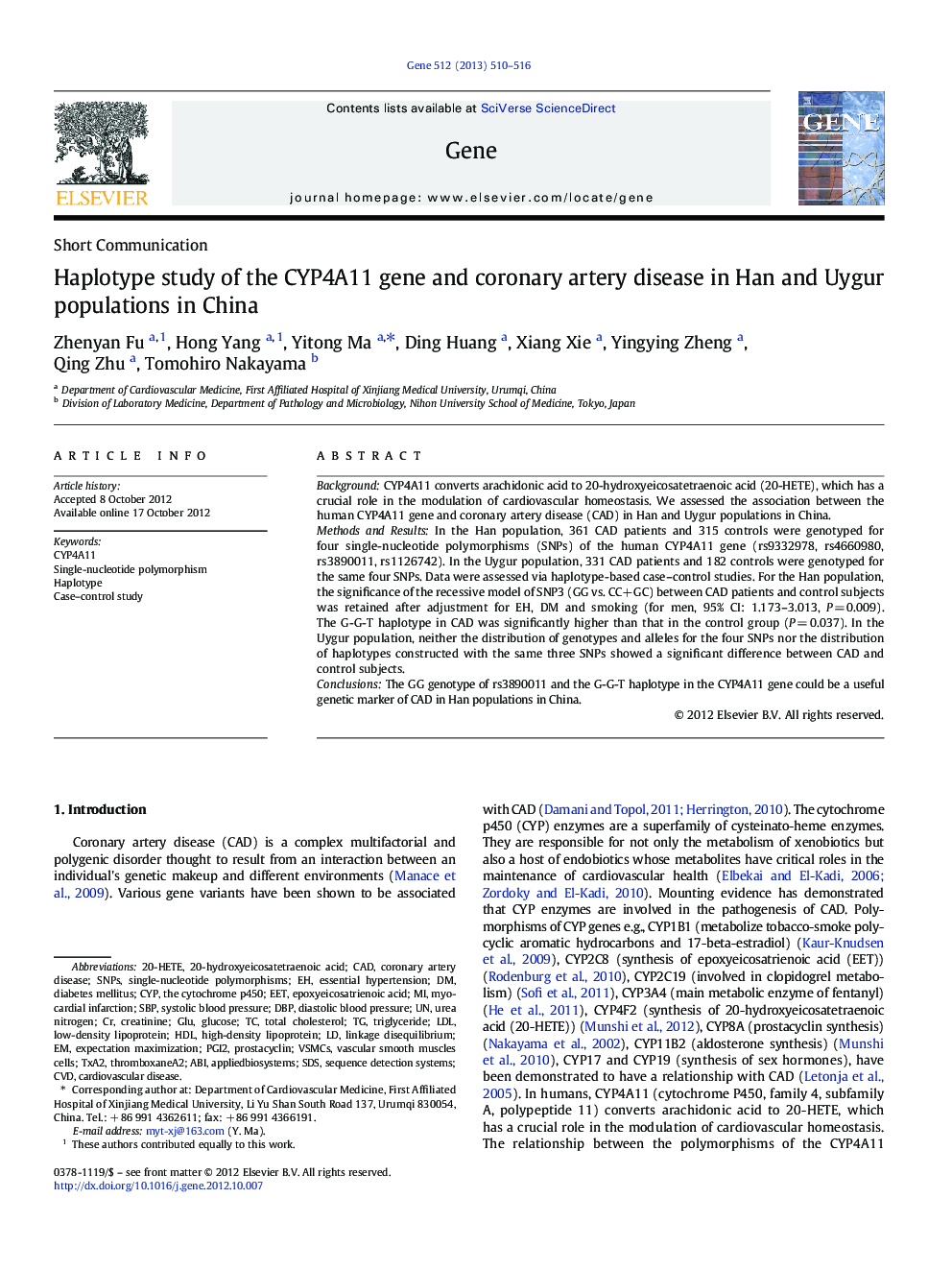 Haplotype study of the CYP4A11 gene and coronary artery disease in Han and Uygur populations in China