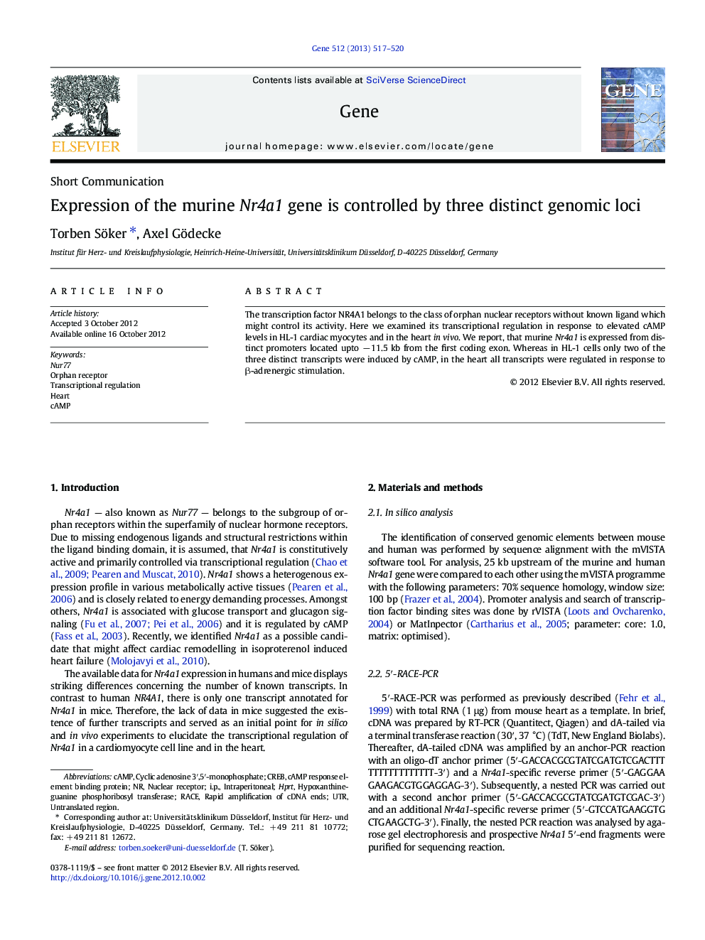 Expression of the murine Nr4a1 gene is controlled by three distinct genomic loci