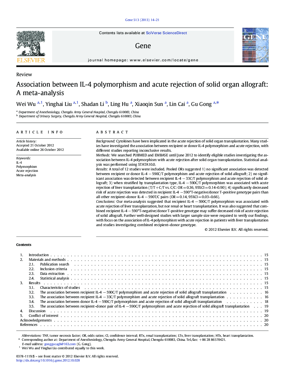 Association between IL-4 polymorphism and acute rejection of solid organ allograft: A meta-analysis