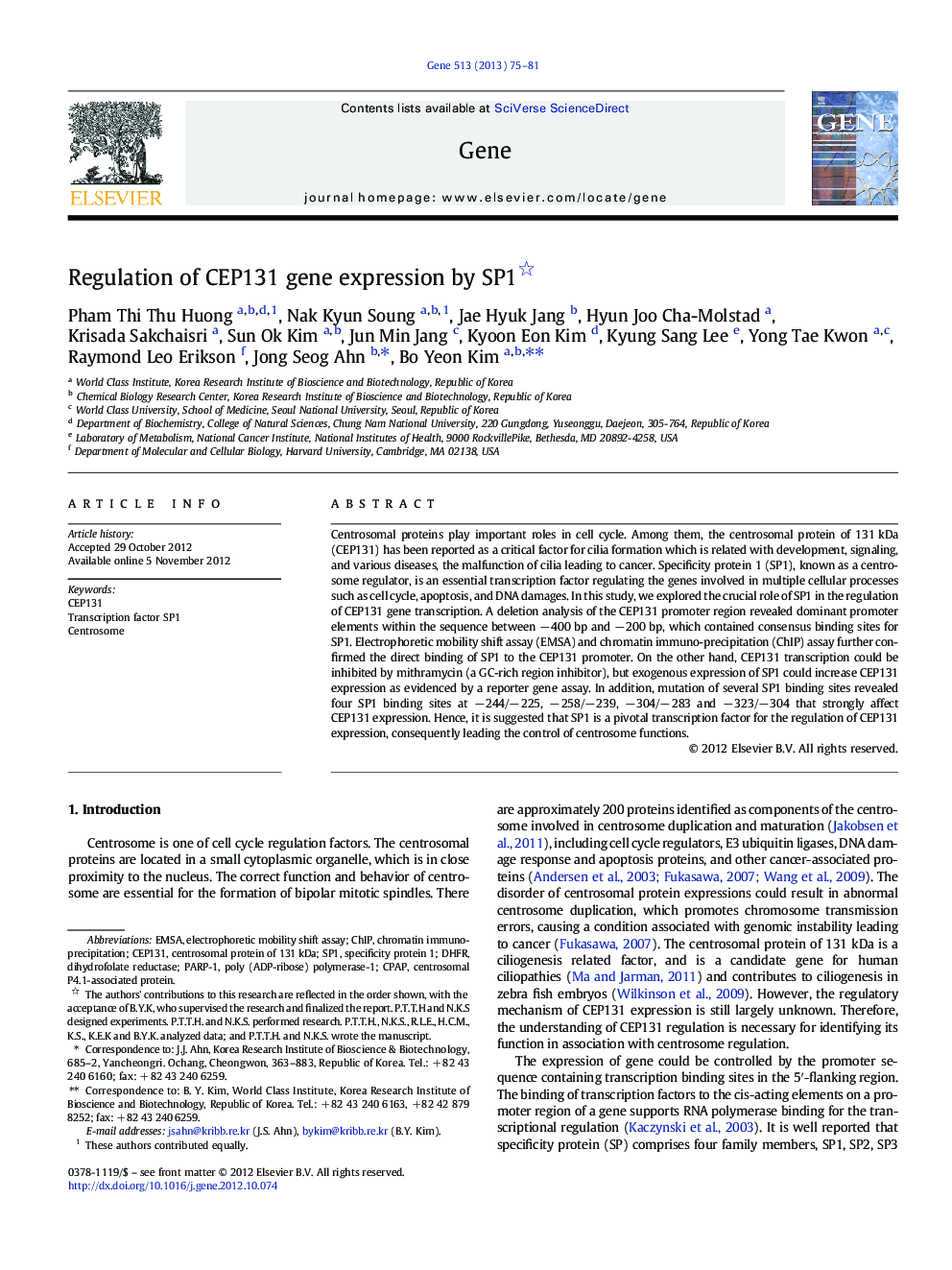 Regulation of CEP131 gene expression by SP1 