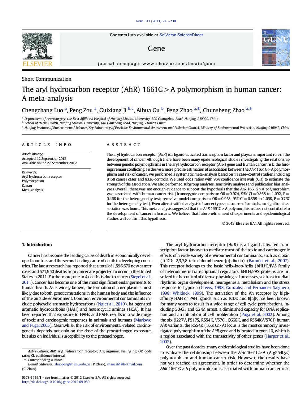 The aryl hydrocarbon receptor (AhR) 1661G > A polymorphism in human cancer: A meta-analysis