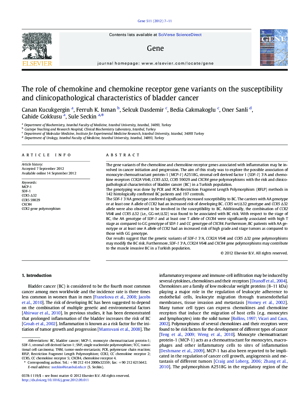 The role of chemokine and chemokine receptor gene variants on the susceptibility and clinicopathological characteristics of bladder cancer