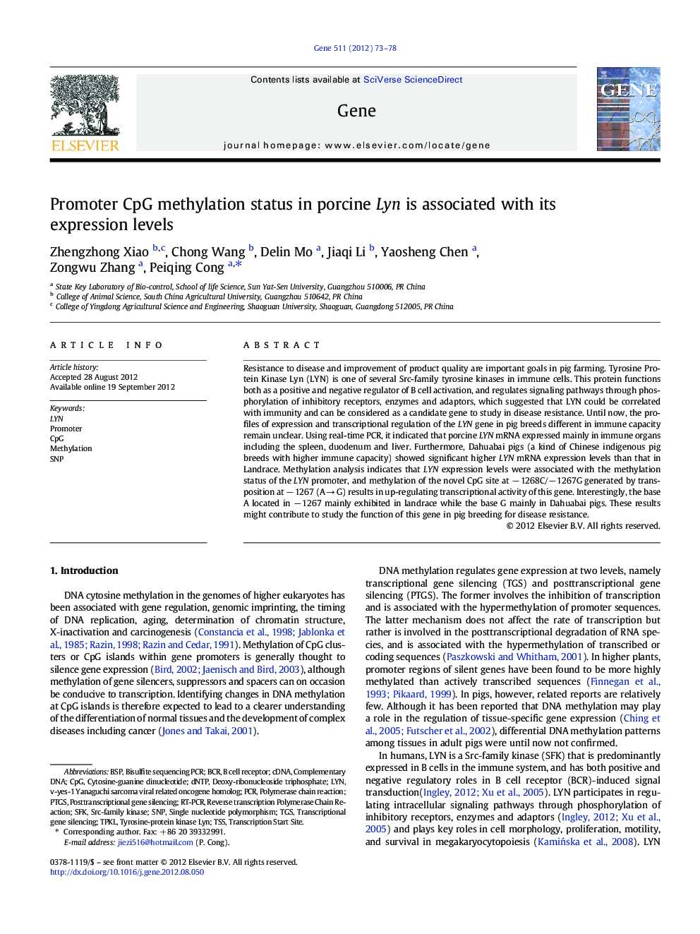 Promoter CpG methylation status in porcine Lyn is associated with its expression levels