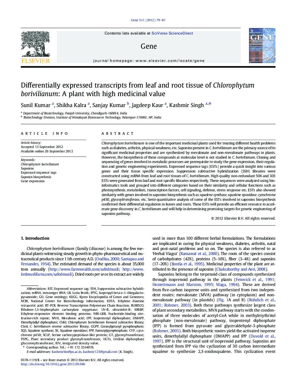 Differentially expressed transcripts from leaf and root tissue of Chlorophytum borivilianum: A plant with high medicinal value