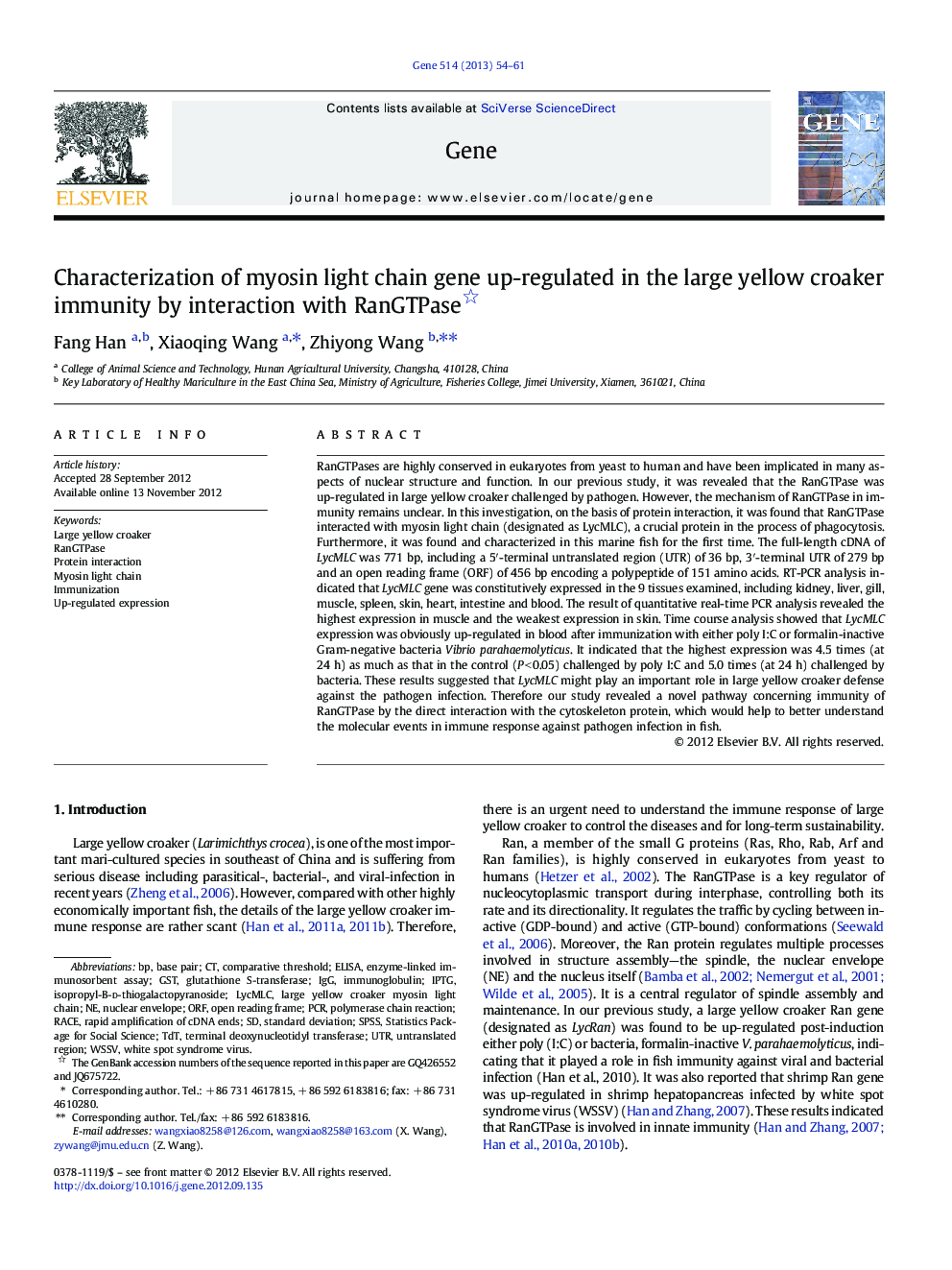 Characterization of myosin light chain gene up-regulated in the large yellow croaker immunity by interaction with RanGTPase 