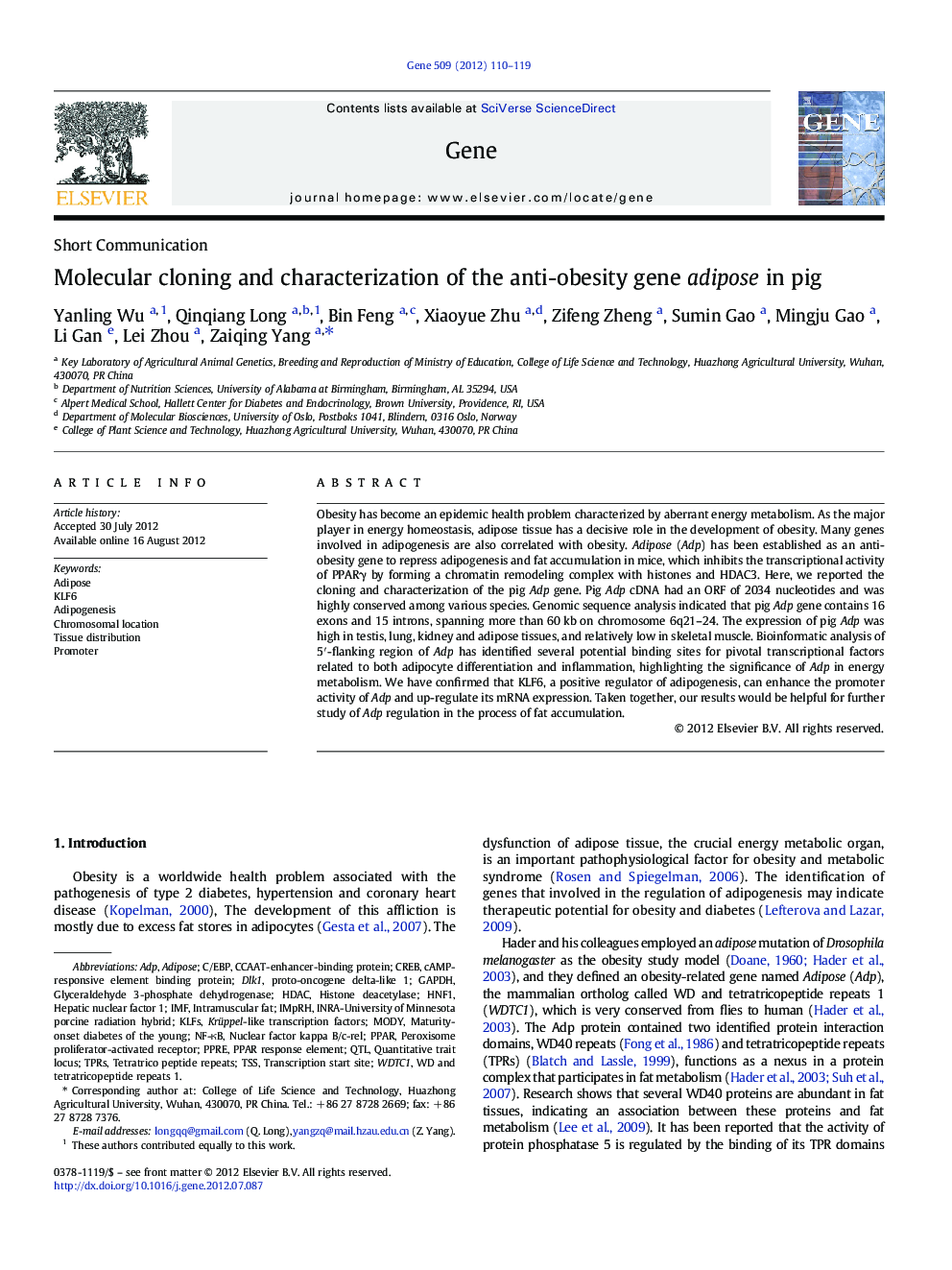 Molecular cloning and characterization of the anti-obesity gene adipose in pig