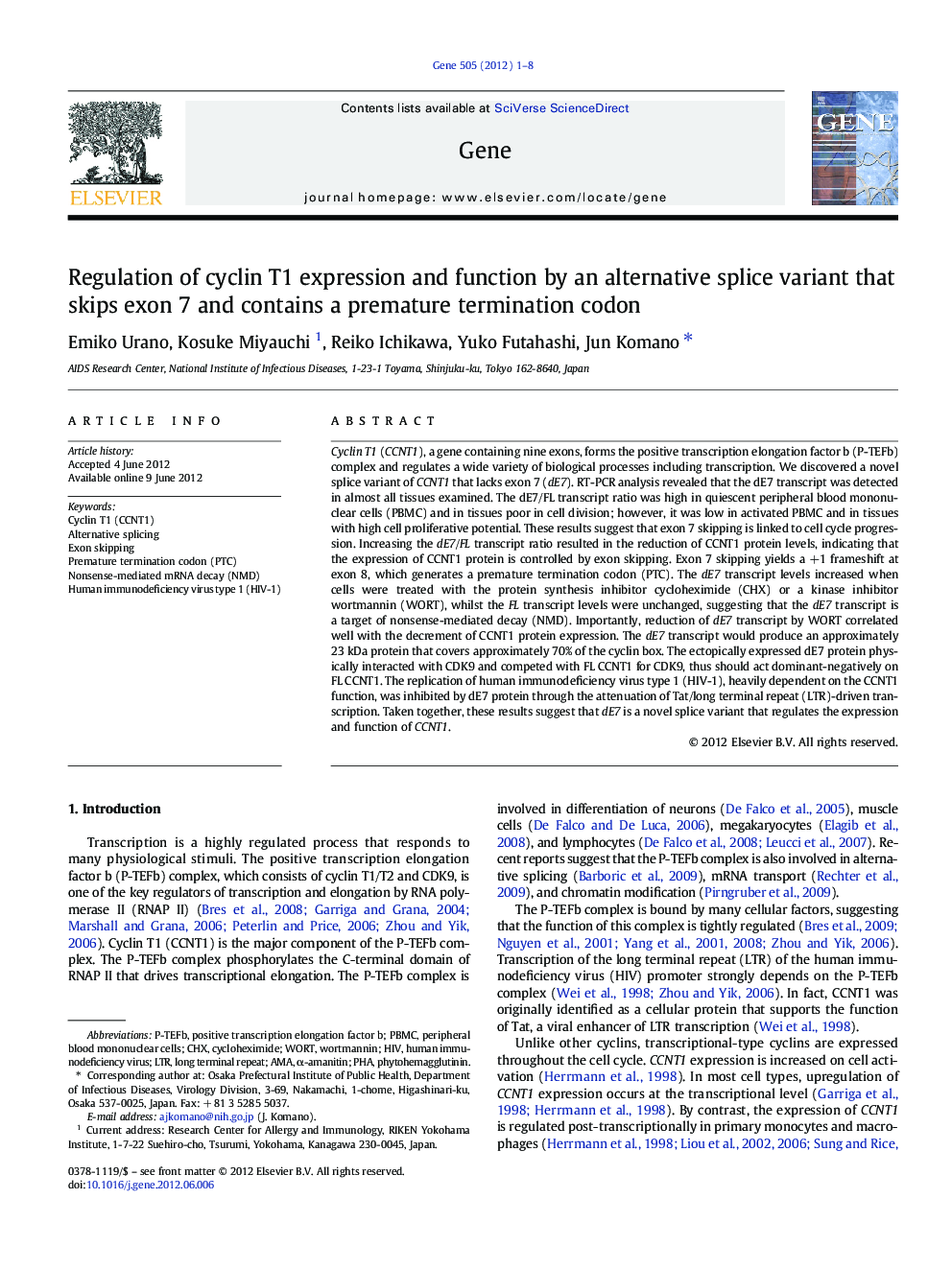 Regulation of cyclin T1 expression and function by an alternative splice variant that skips exon 7 and contains a premature termination codon