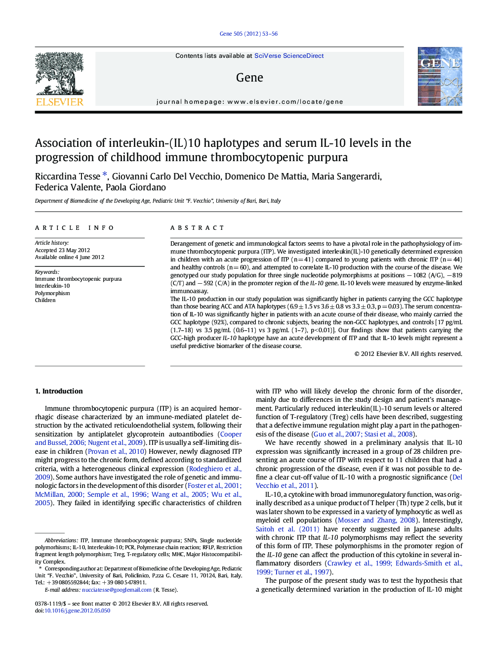 Association of interleukin-(IL)10 haplotypes and serum IL-10 levels in the progression of childhood immune thrombocytopenic purpura