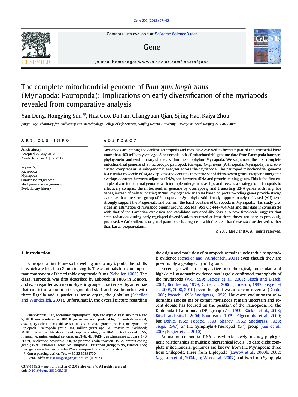 The complete mitochondrial genome of Pauropus longiramus (Myriapoda: Pauropoda): Implications on early diversification of the myriapods revealed from comparative analysis