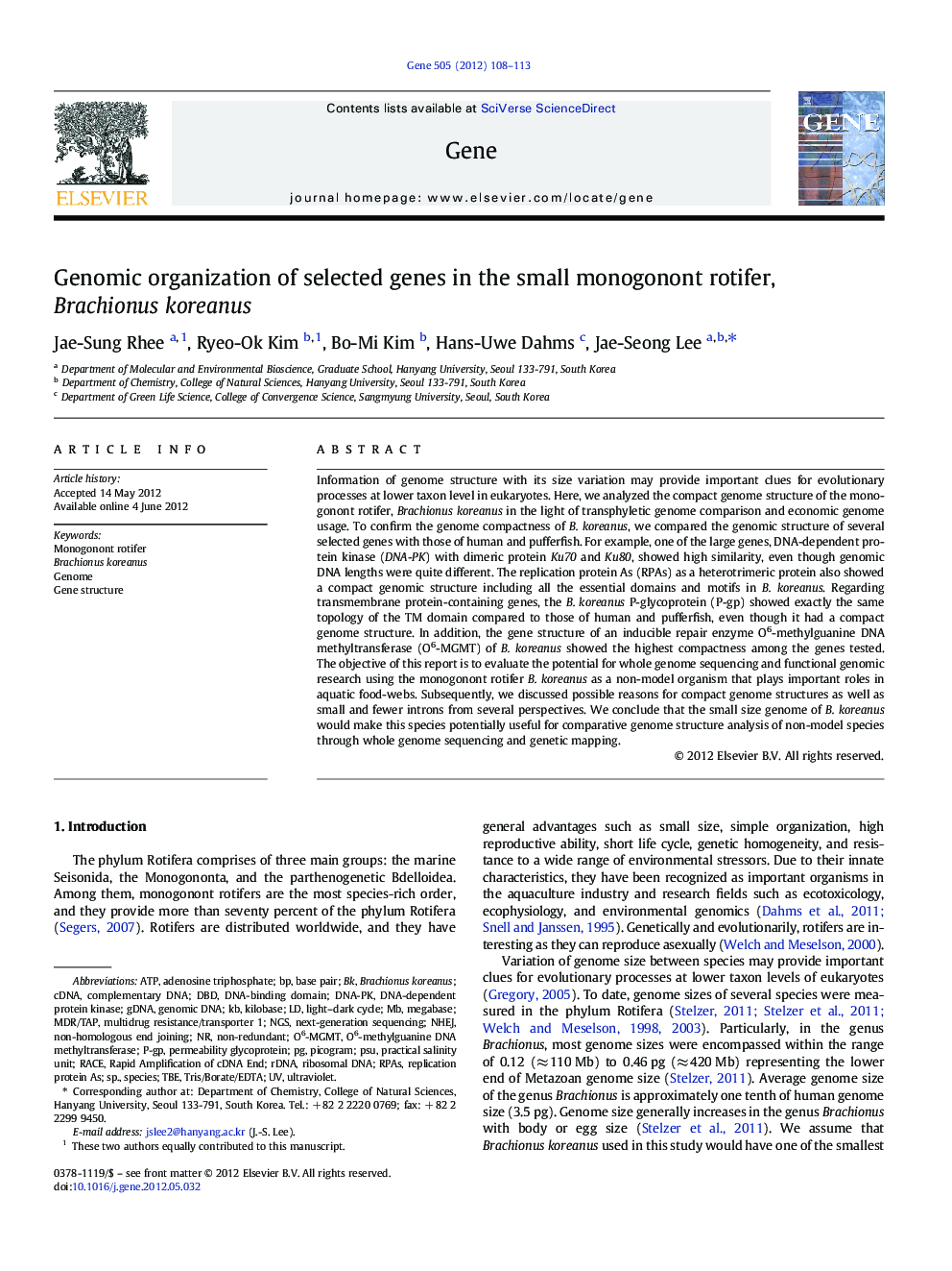 Genomic organization of selected genes in the small monogonont rotifer, Brachionus koreanus