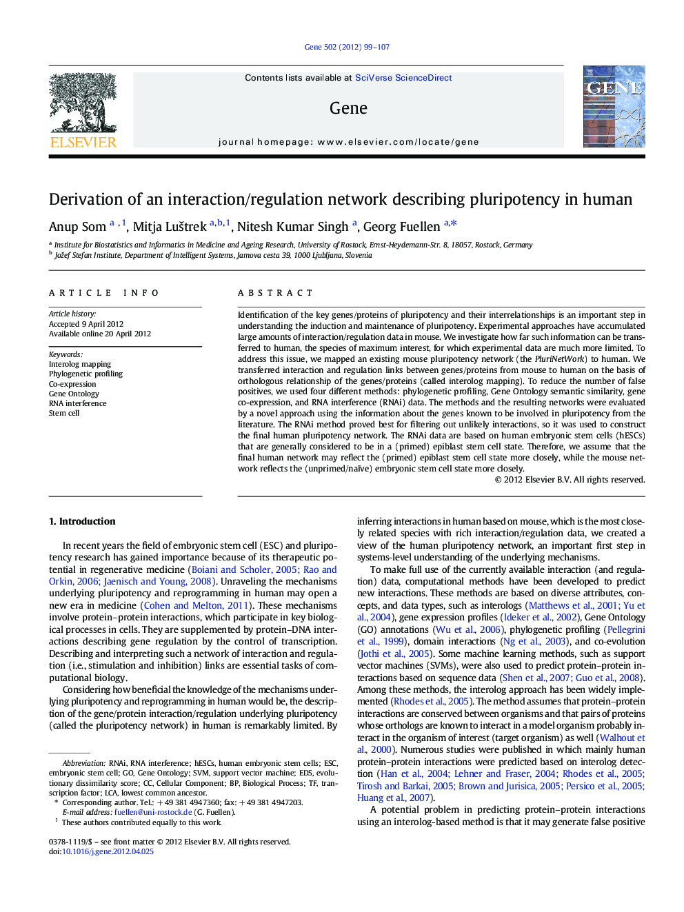 Derivation of an interaction/regulation network describing pluripotency in human