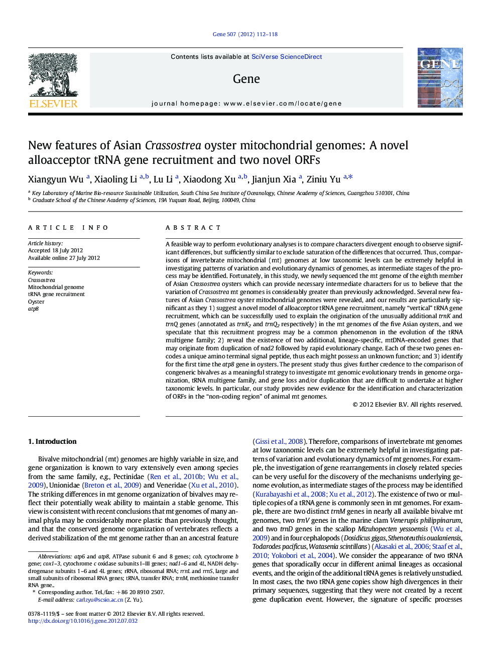 New features of Asian Crassostrea oyster mitochondrial genomes: A novel alloacceptor tRNA gene recruitment and two novel ORFs