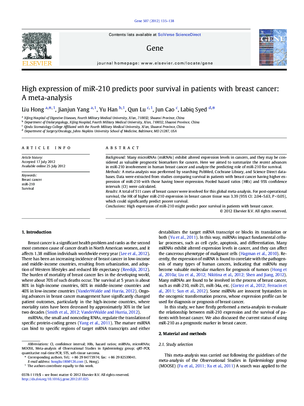 High expression of miR-210 predicts poor survival in patients with breast cancer: A meta-analysis