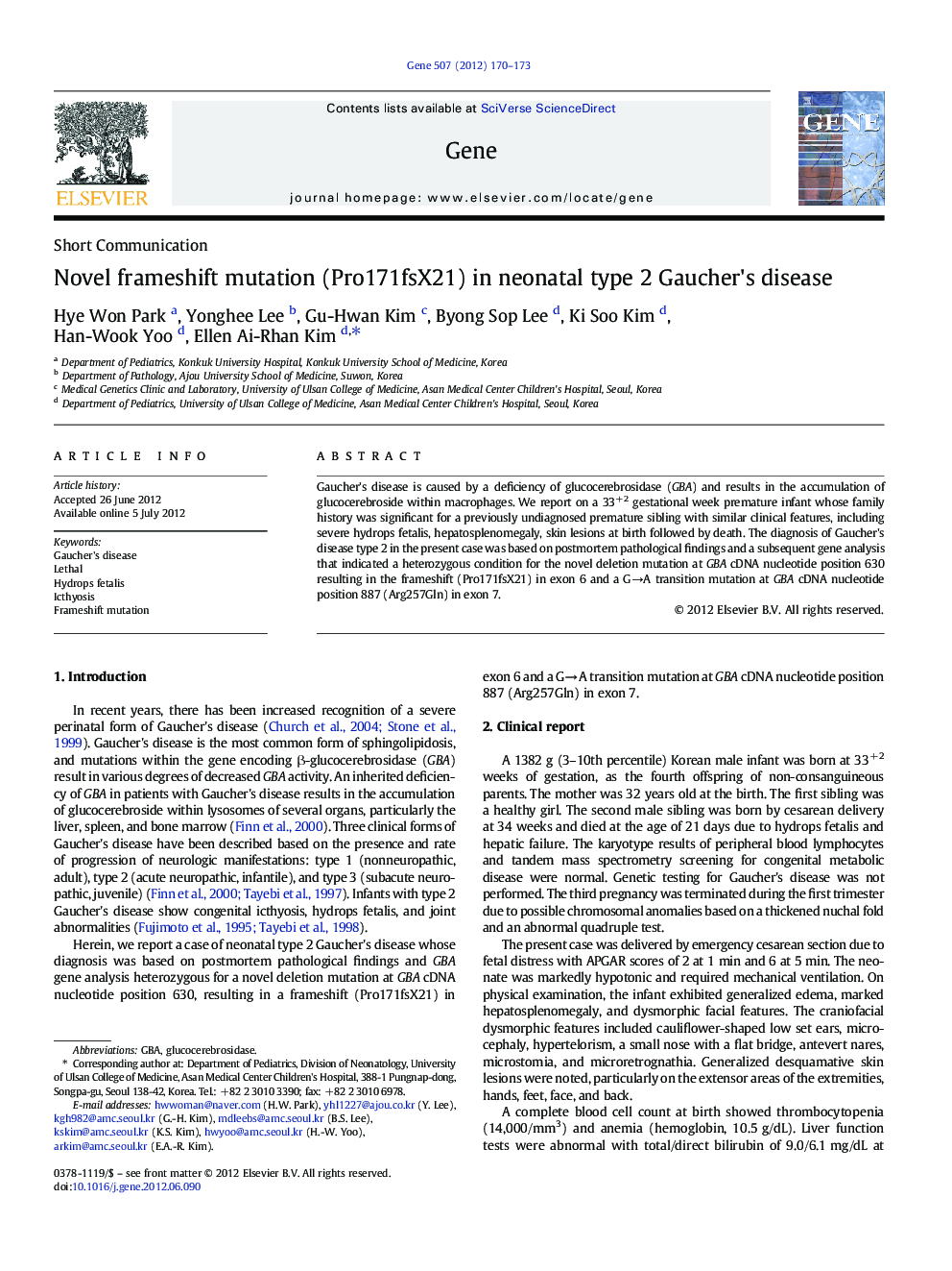 Novel frameshift mutation (Pro171fsX21) in neonatal type 2 Gaucher's disease