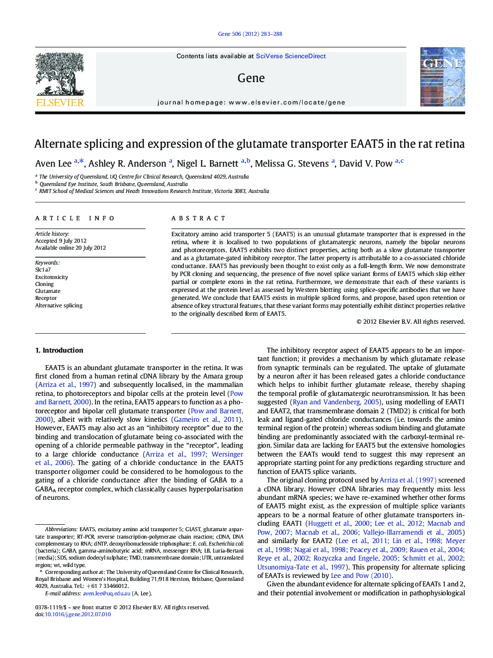 Alternate splicing and expression of the glutamate transporter EAAT5 in the rat retina