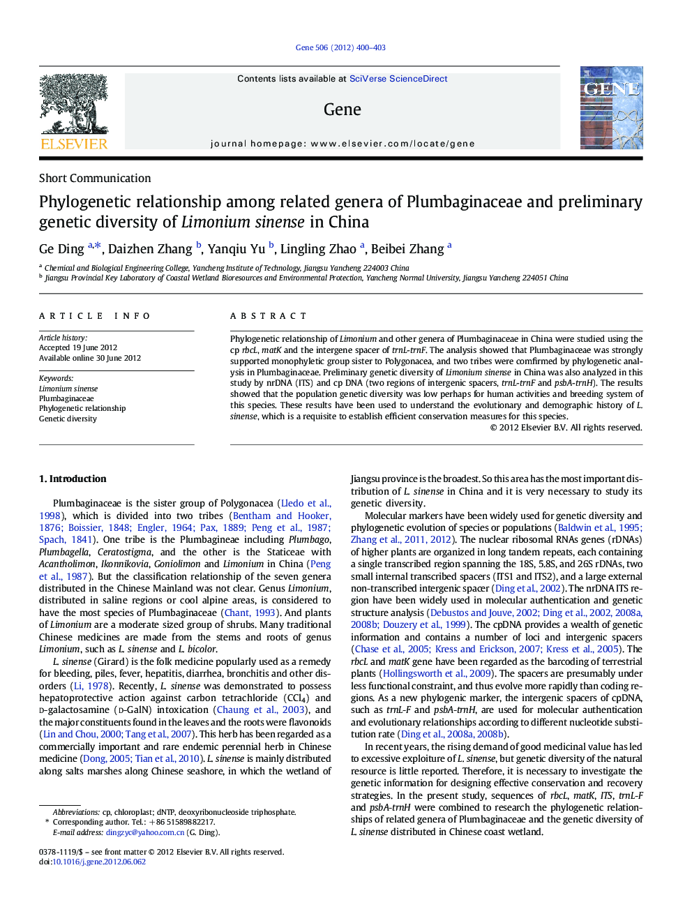 Phylogenetic relationship among related genera of Plumbaginaceae and preliminary genetic diversity of Limonium sinense in China