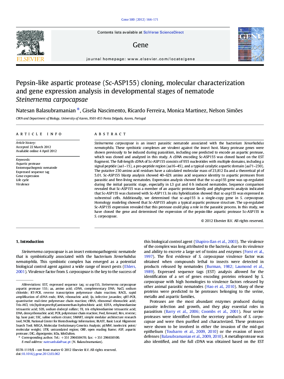 Pepsin-like aspartic protease (Sc-ASP155) cloning, molecular characterization and gene expression analysis in developmental stages of nematode Steinernema carpocapsae