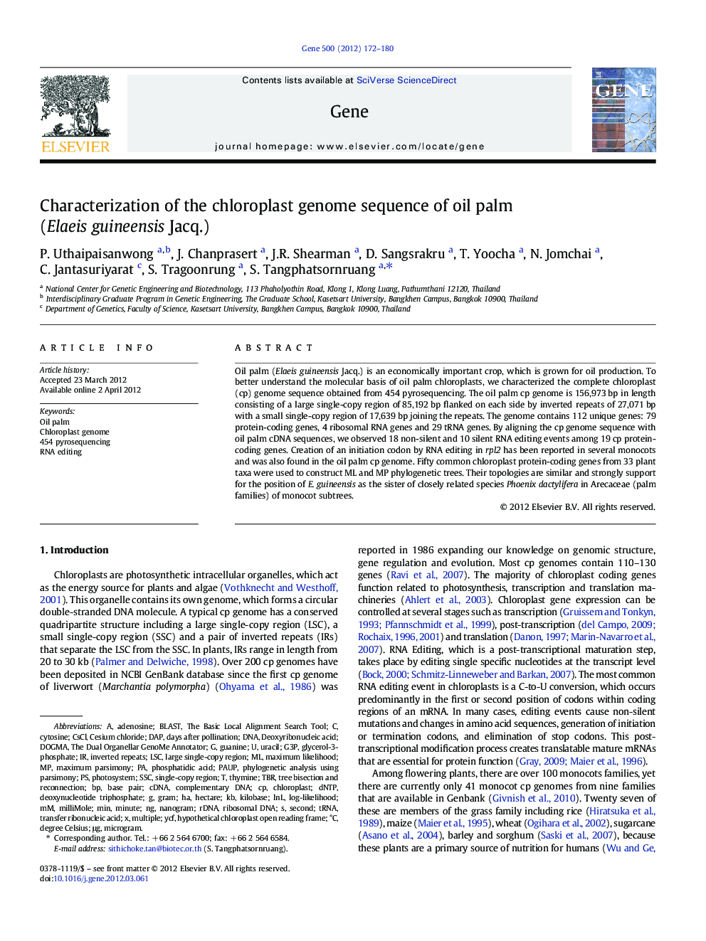 Characterization of the chloroplast genome sequence of oil palm (Elaeis guineensis Jacq.)