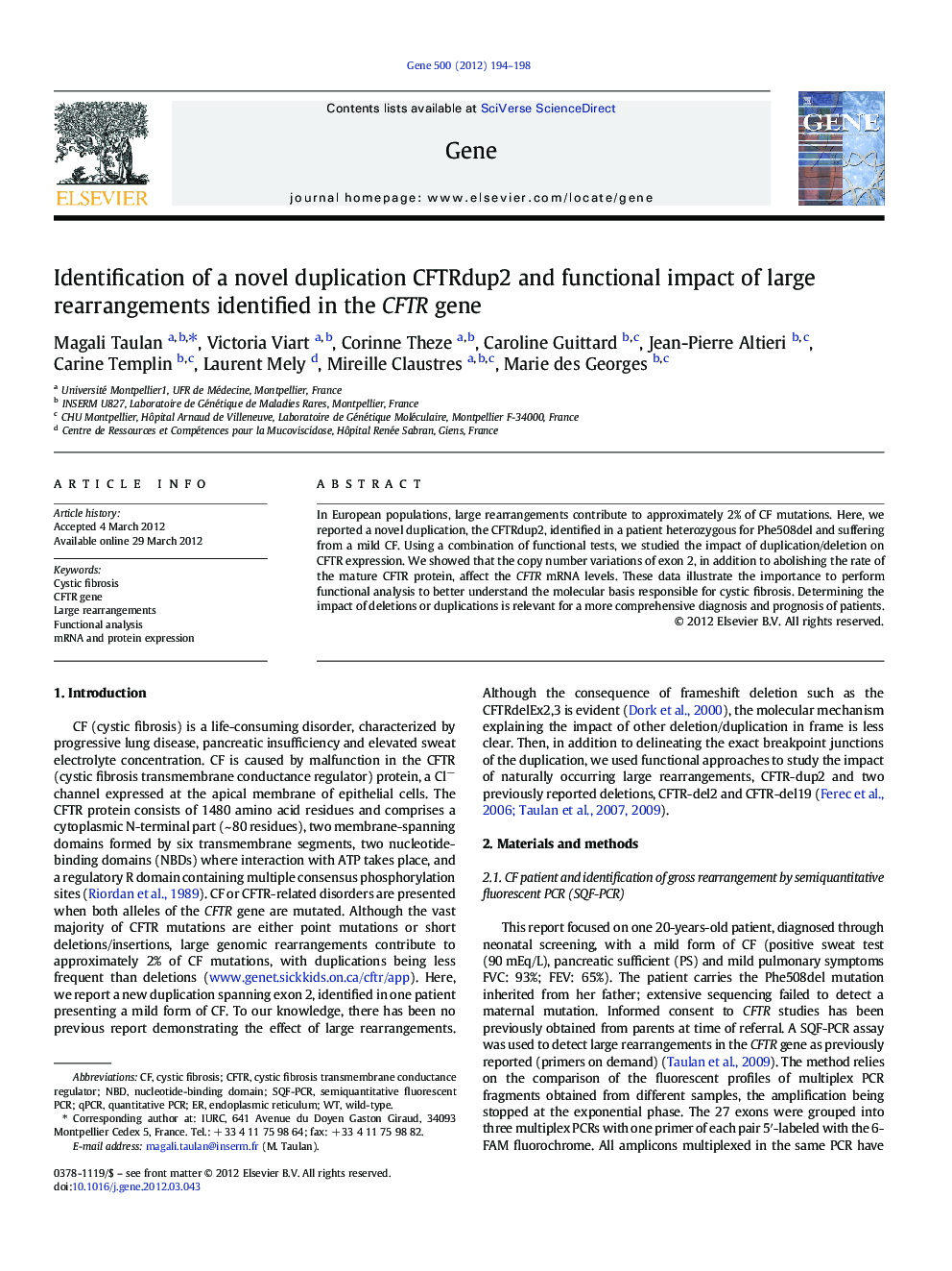 Identification of a novel duplication CFTRdup2 and functional impact of large rearrangements identified in the CFTR gene