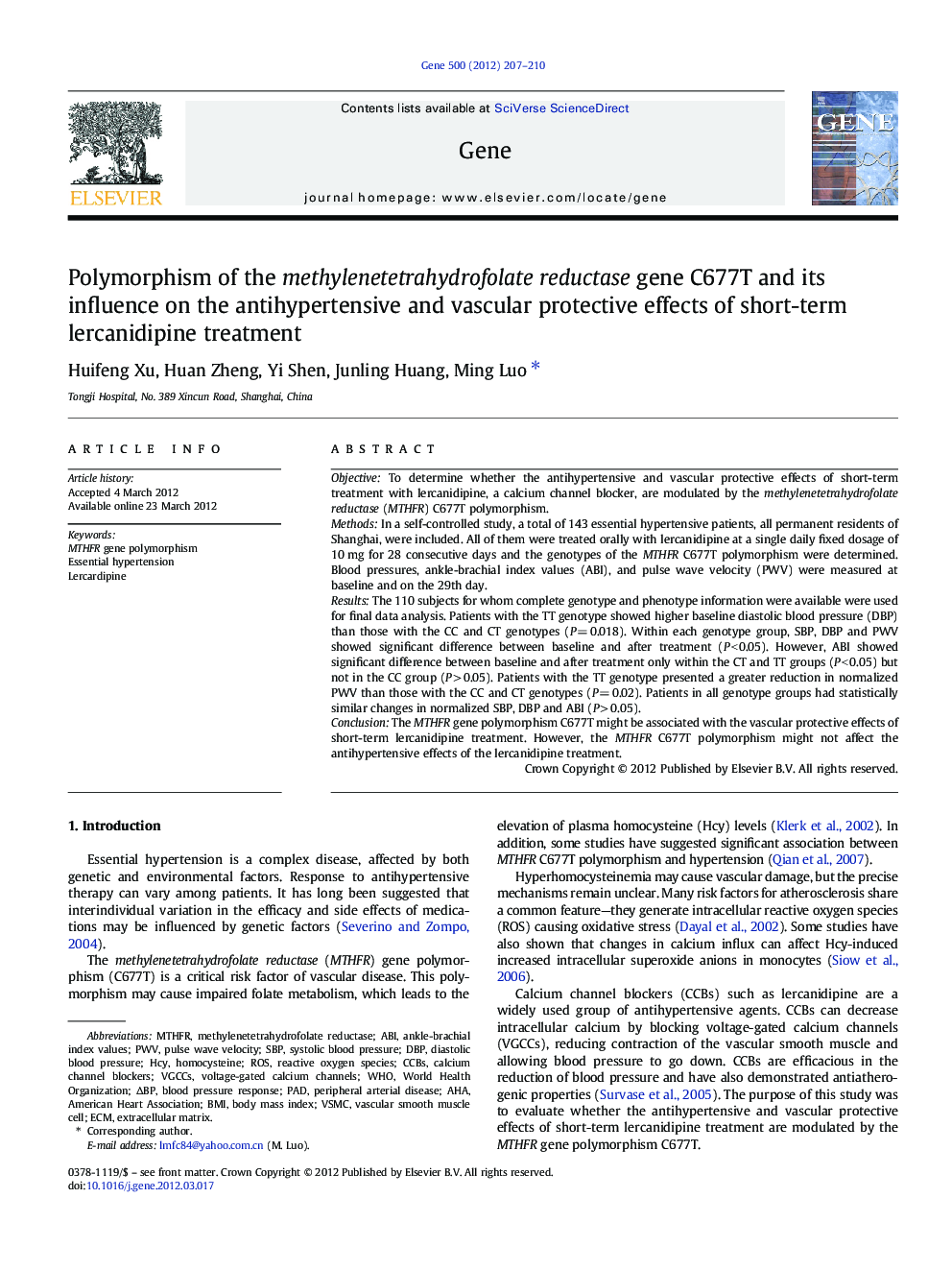 Polymorphism of the methylenetetrahydrofolate reductase gene C677T and its influence on the antihypertensive and vascular protective effects of short-term lercanidipine treatment