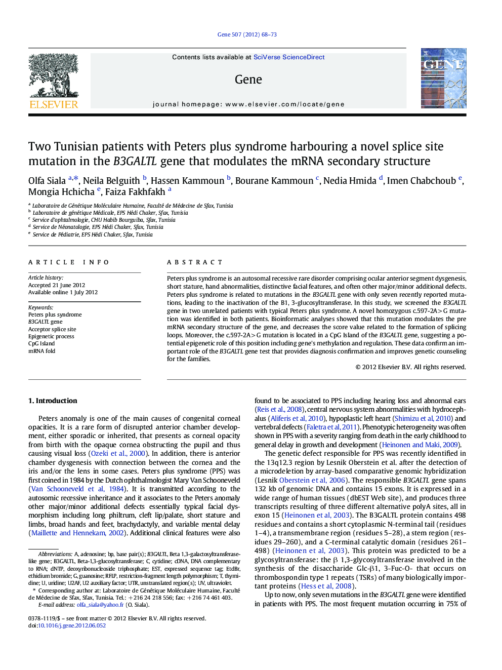 Two Tunisian patients with Peters plus syndrome harbouring a novel splice site mutation in the B3GALTL gene that modulates the mRNA secondary structure