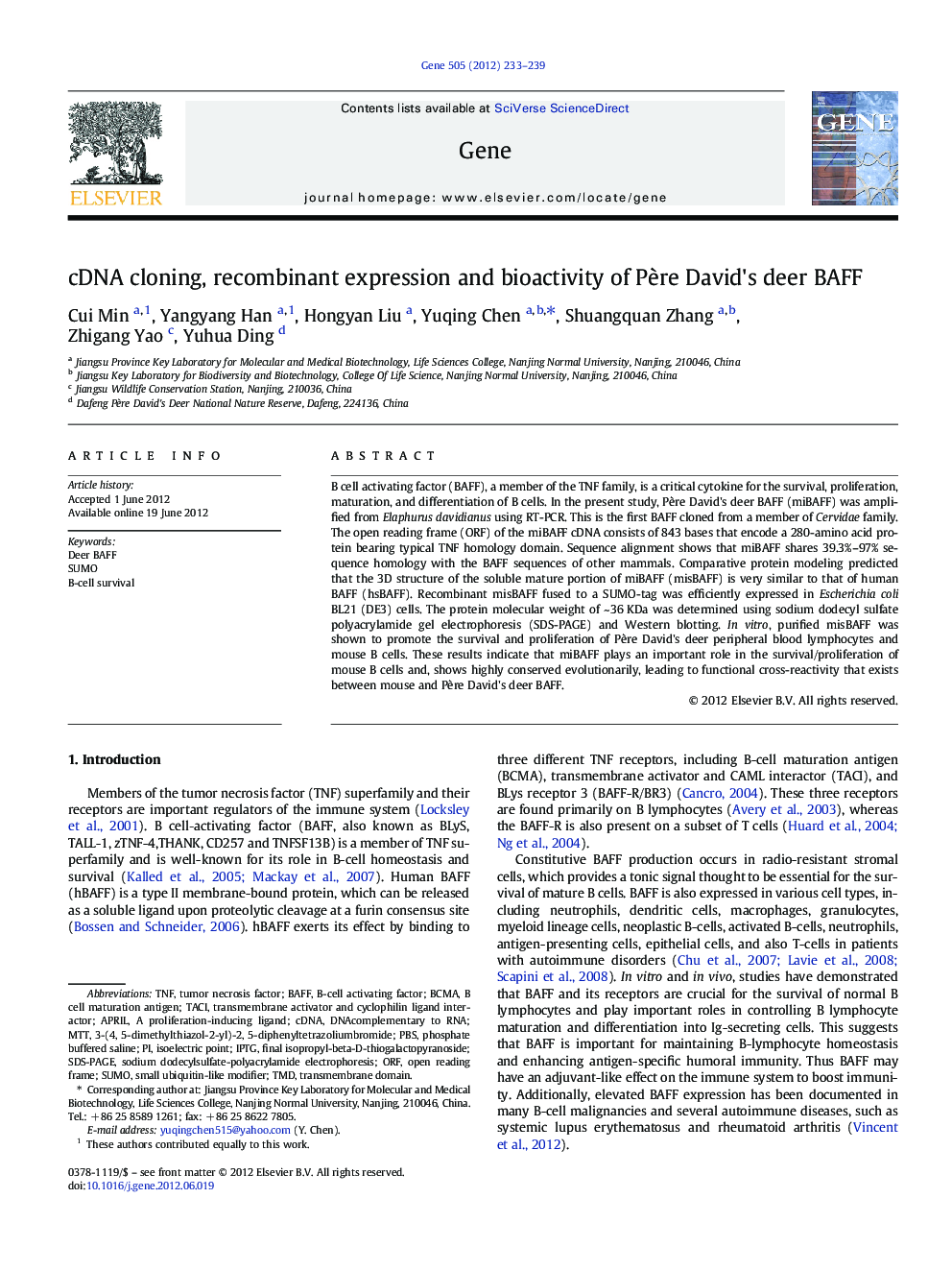 cDNA cloning, recombinant expression and bioactivity of Père David's deer BAFF