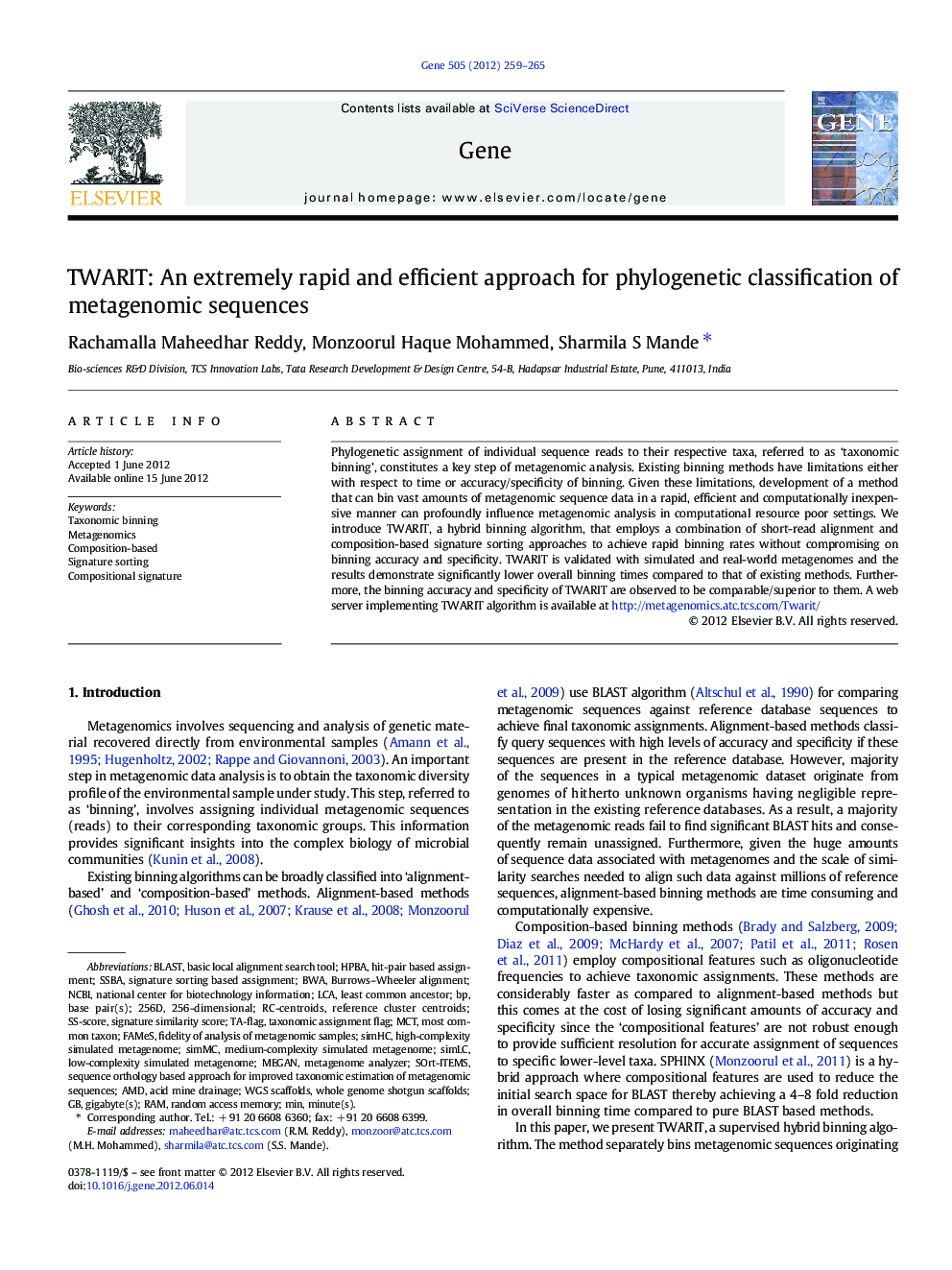 TWARIT: An extremely rapid and efficient approach for phylogenetic classification of metagenomic sequences