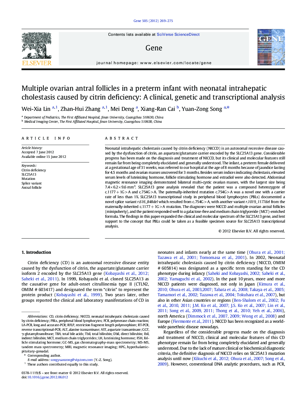 Multiple ovarian antral follicles in a preterm infant with neonatal intrahepatic cholestasis caused by citrin deficiency: A clinical, genetic and transcriptional analysis